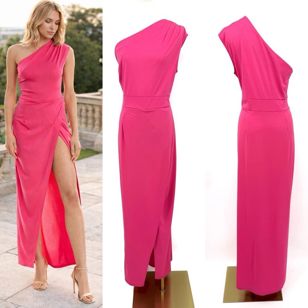 Silvia Rufino One Shoulder Pink Maxi Dress‎ High Slit Bodycon 8 Barbiecore Glam